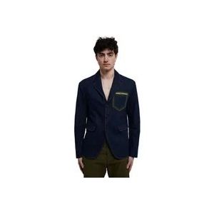 Dsquared2 Contrasterende Patch Denim Jas met Bedrukte Tekst , Blue , Heren , Maat: S