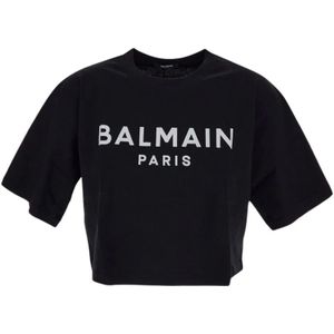 Balmain Zwarte Logo T-shirt voor Vrouwen , Black , Dames , Maat: L