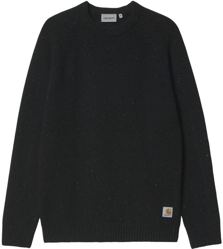 Carhartt Wip - Anglistic Sweater - Zwart - Heren - Wol - Gespikkelde Zwarte Wollen Wintertrui