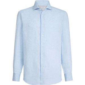 Brunello Cucinelli, Heren, Overhemden, Blauw, Maat: 2XL Linnen,