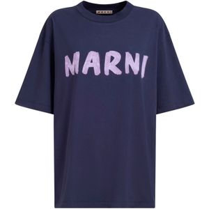 Marni - Logo Bedrukte Crewneck T-Shirt - Blauw - Katoen