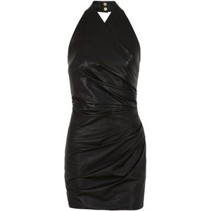 Balmain Korte gedrapeerde leren halternek jurk , Black , Dames , Maat: S