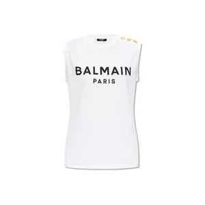 Balmain Mouwloos T-shirt met logo , White , Dames , Maat: XL