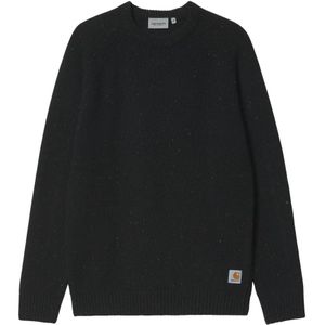 Carhartt Wip - Anglistic Sweater - Zwart - Heren - Wol - Gespikkelde Zwarte Wollen Wintertrui