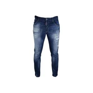 Dsquared2 Slim-Fit Vervaagde Blauwe Jeans met Verfspatten , Blue , Heren , Maat: 2XL