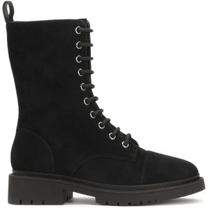 Kazar - Zwarte Suède Laarzen - Dames - Enkelhoog - Met Vetersluiting en Zijrits