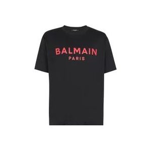 Balmain Zwart Logo Print Ronde Hals T-shirt , Black , Heren , Maat: S
