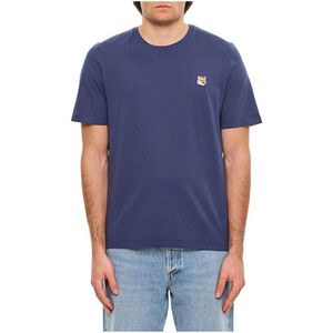 Maison Kitsuné - T-shirt - Blauw - 100% Katoen - Geribbelde Halslijn