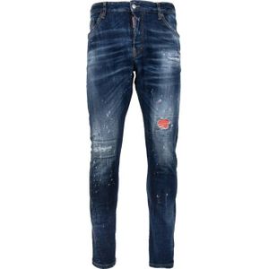 Dsquared2 - Jeans - Blauw - Slim-fit - Herenknoop Jeans met Leren Patch