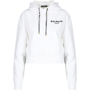 Balmain Witte Logo Hoodie met Voorzak , White , Dames , Maat: L