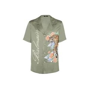 Balmain Kortemouw satijnen shirt met Tijgerprint , Green , Heren , Maat: L