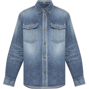 Versace, Heren, Overhemden, Blauw, Maat: S Denim,