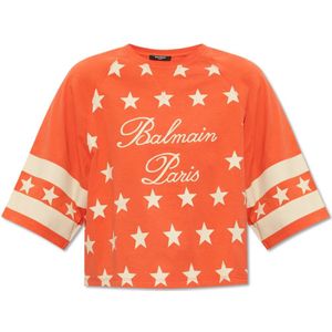 Balmain Geknipte T-shirt met logo , Red , Dames , Maat: S