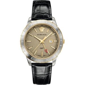 Versace Herenhorloge Zwart Leer Goud Zilver GMT , Gray , Heren , Maat: ONE Size