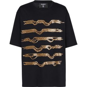 Balmain Oversized geborduurd katoenen T-shirt met vernietigde strepen , Black , Heren , Maat: M