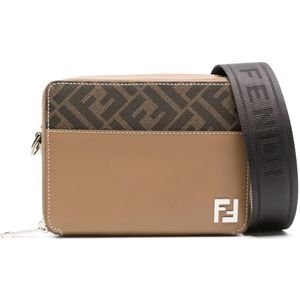 Fendi Beige Leren Schoudertas met FF Appliqué , Beige , Heren , Maat: ONE Size