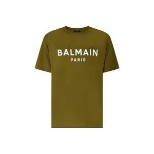 Balmain Khaki en Wit Logo-Print T-Shirt , Green , Heren , Maat: S