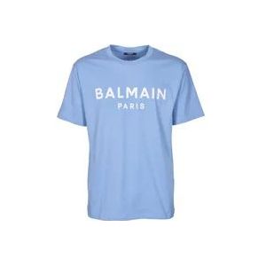 Balmain Logo Print Crew-neck T-shirt , Blue , Heren , Maat: XL