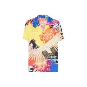 Balmain Kortemouw satijnen shirt met Crane print , Multicolor , Heren , Maat: S