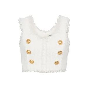 Balmain Mouwloze Tweed Crop Top met Gouden Details , White , Dames , Maat: M