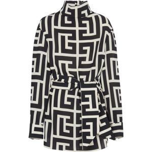 Balmain Blouse met monogramprint en ceintuur , Black , Dames , Maat: S