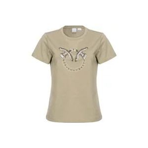 Pinko Love Birds Rhinestone T-shirt , Beige , Dames , Maat: L