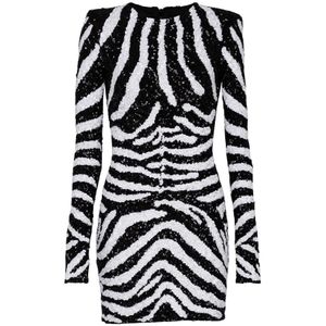 Balmain Korte tweekleurige paillettenjurk Zebra , Black , Dames , Maat: XS