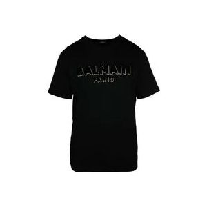 Balmain Zwart Textuur Logo Ronde Kraag T-shirt , Black , Heren , Maat: M