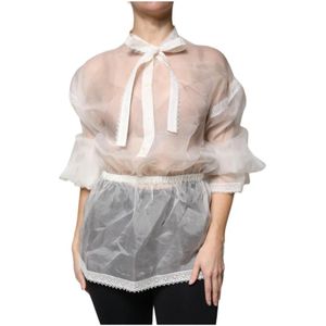 Dolce & Gabbana - Blouse - Wit - Fitted Model - Ascot Kraag - Lange Mouwen