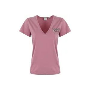 Pinko Love Birds Geborduurd Dames T-shirt , Pink , Dames , Maat: S