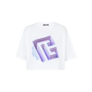 Balmain Crop T-shirt met neon bedrukt labyrintlogo , White , Dames , Maat: XL
