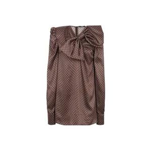 Balmain Korte jurk met grote strik en mini monogram print , Brown , Dames , Maat: XS