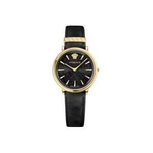 Versace V Circle Leren Horloge Zwart Goud , Yellow , Dames , Maat: ONE Size