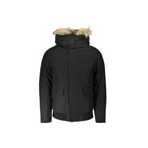 Woolrich Zwarte katoenen jas met capuchon en bont , Black , Heren , Maat: XL
