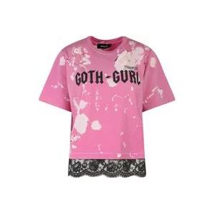 Dsquared2 Roze Katoenen T-Shirt met Frontprint en Veters , Pink , Dames , Maat: S