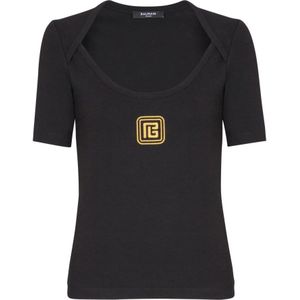 Balmain T-shirt met PB-logo , Black , Dames , Maat: XS