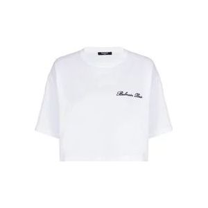 Balmain T-shirt met handtekeningborduursel , White , Dames , Maat: L