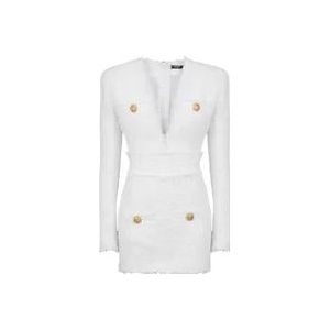 Balmain Korte Tweed Gebreide Jurk met Gouden Knopen , White , Dames , Maat: XS