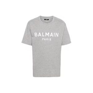 Balmain Logo Print Crew Neck T-shirts en Polos , Gray , Heren , Maat: XL