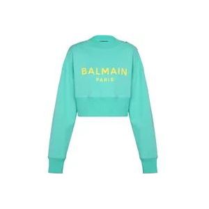 Balmain Cropped sweatshirt met Paris print , Blue , Dames , Maat: L