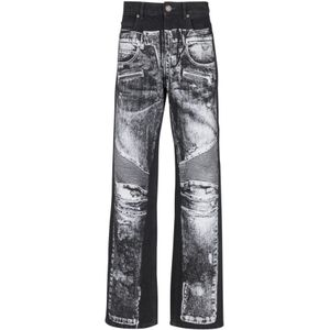 Balmain Wijde denim jeans met een biker-print , Black , Heren , Maat: W29