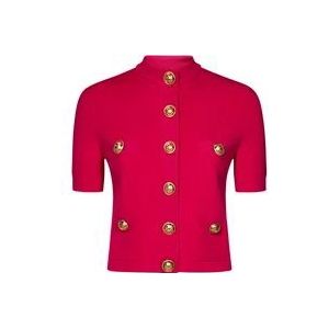 Balmain Rode Ribgebreide Cardigan met Gouden Knopen , Red , Dames , Maat: XS