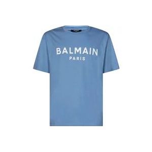 Balmain Blauw T-shirt met Logo Print , Blue , Heren , Maat: XL