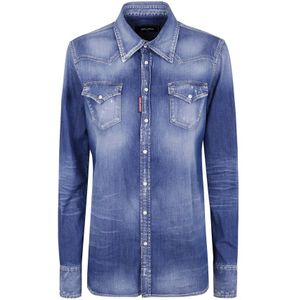 Dsquared2, Dames, Blouses & Shirts, Blauw, Maat: 2XS Katoen,