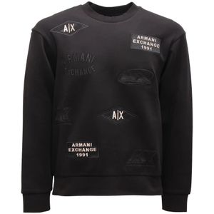 Armani Exchange - Sweatshirt - Grijs - Katoenmix - Los Model - Ronde Hals - Labelpatches