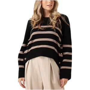 Co`Couture - Button Stripe - Sweater - Zwart - Zachte Stof - Ronde Hals
