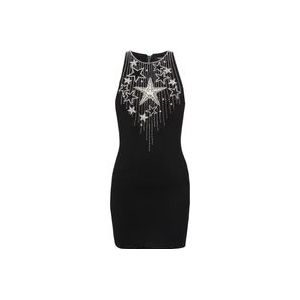 Balmain Korte jurk met geborduurde sterren , Black , Dames , Maat: 2XS