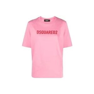 Dsquared2 Roze Katoenen T-shirt met Logo Print , Pink , Dames , Maat: XS