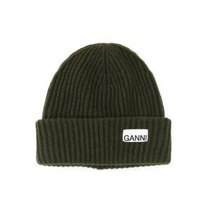 Ganni Logo Patch Beanie Hat , Green , Dames , Maat: ONE Size