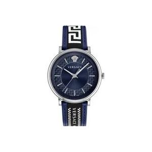 Versace Blauwe V-Circle Horloge Leder/Textiel Band , Blue , Heren , Maat: ONE Size